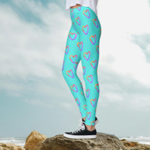 Leggings Moderne Motif de Cœurs Arc-en-Ciel Turquoise Fémin