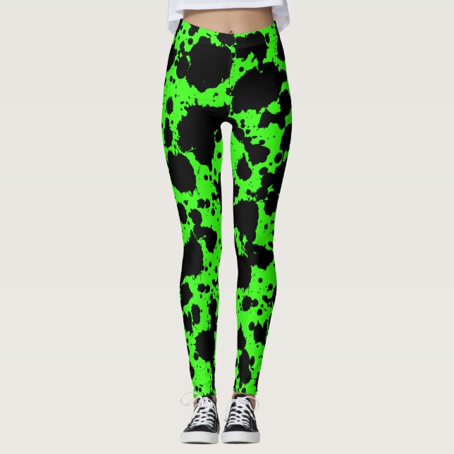 Leggings Moderne noir et vert brillant Peinture Splatter Fu (Devant)