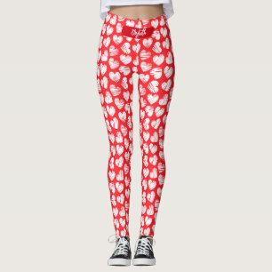 Leggings Moderne Rouge et Blanc Doodled Heart Valentine Nom