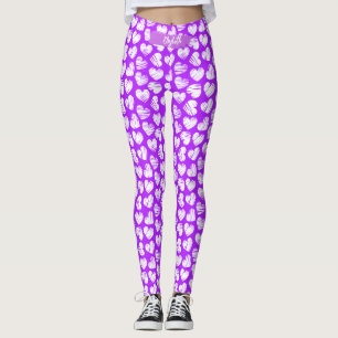 Leggings Moderne violet blanc Doodé Coeur Valentine Nom