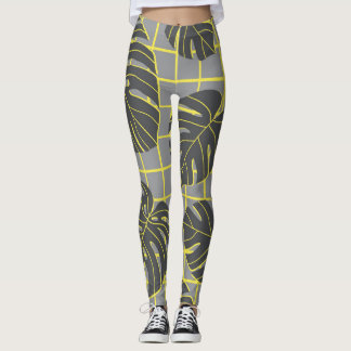 Leggings Monstera Feuilles : Jaune-Gris moderne Abstrait