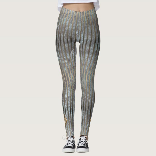 Leggings Moody Blue & Gold Stripe Motif (Devant)