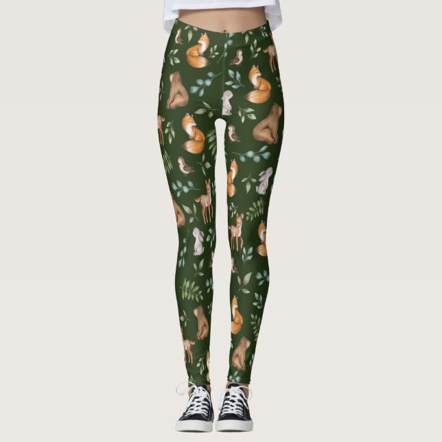 Leggings Moody Green Woodland Forest Animaux Motif (Devant)