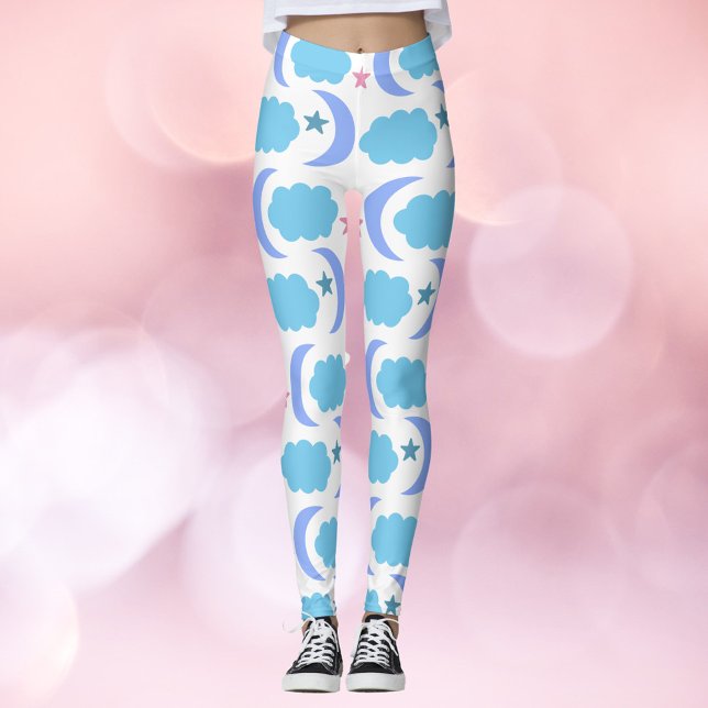 Leggings Moon Cloud Stars Motif Bleu pourpre (A pair of leggings with a pattern of purple moon, blue clouds and pink stars)