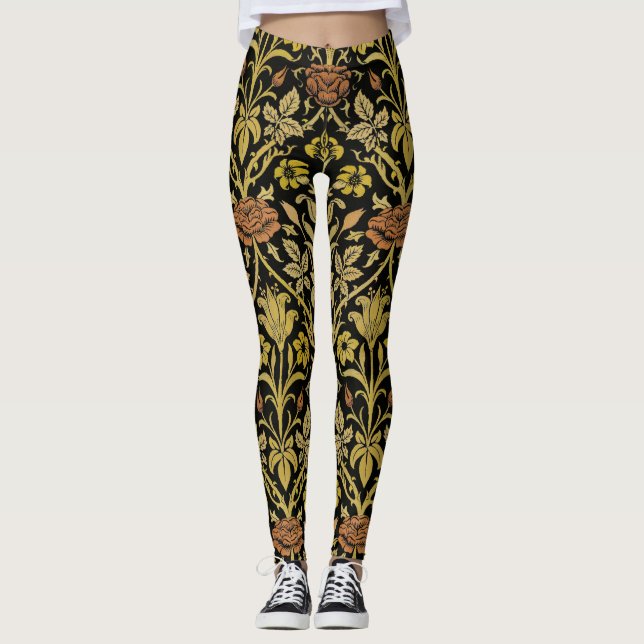 Leggings Morris Arrière - plan noir Rose et Motif de fleurs (Devant)