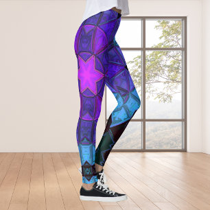 Leggings Mosaic Kaleidoscope Fleur Bleu pourpre et noir