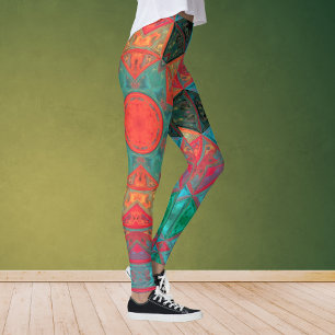 Leggings Mosaic Kaleidoscope Fleur rose et Turquoise