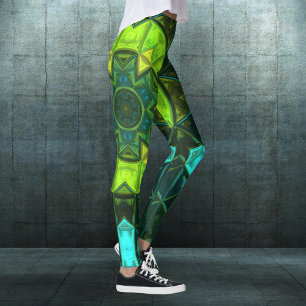 Leggings Mosaic Kaleidoscope Fleur Vert et Bleu