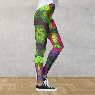 Leggings Mosaic Kaleidoscope Fleur vert rose et pourpre
