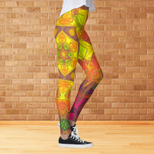 Leggings Mosaic Mandala Fleur Jaune Orange et Violet
