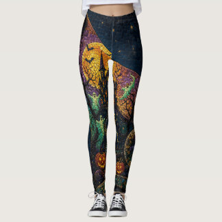 Leggings Mosaïque Halloween Château Hanté Chat Noir