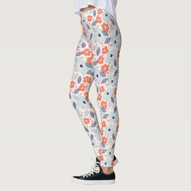 Leggings Motif à fleurs moderne orange et bleu (Gauche)