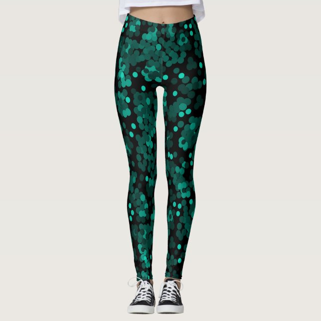 Leggings Motif à pois vert turquoise sur noir (Devant)