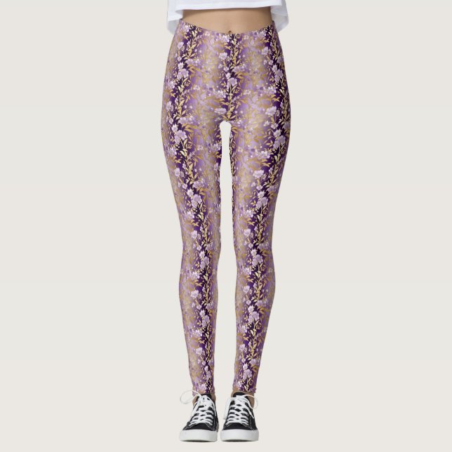 Leggings Motif à rayures florales violettes (Devant)