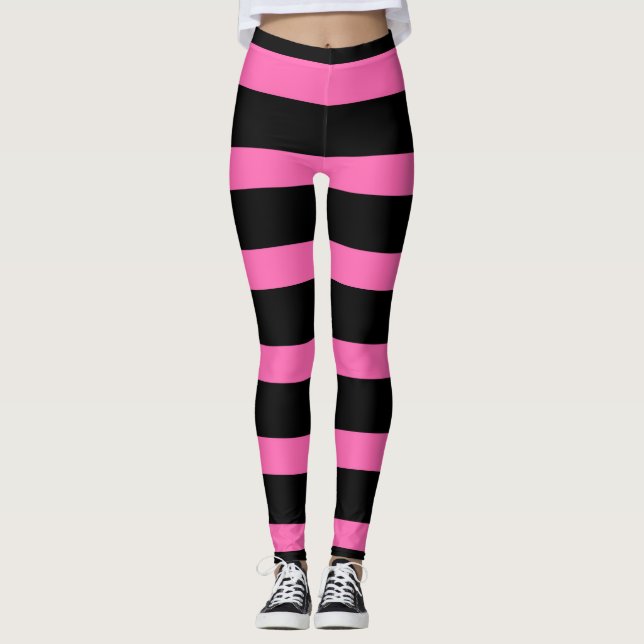 Leggings Motif à rayures mignonnes en noir et Bubblegum ros (Devant)