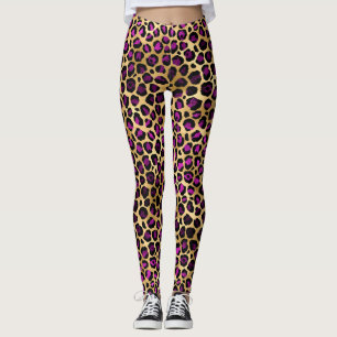 Leggings Motif à taches de léopard en feuille d'or et viole