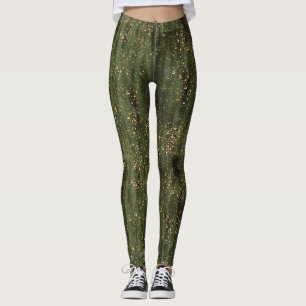 Leggings Motif Abstrait d'étincelles vert et or