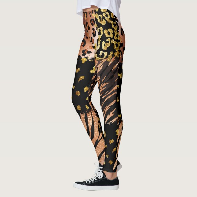 Leggings motif abstrait d'or rose léopard sur noir (Gauche)