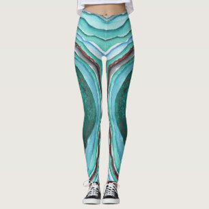 Leggings Motif Aquarelle Géode Agate - Blue Green Aqua