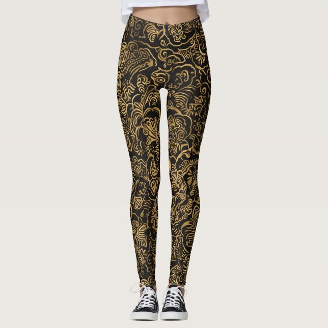 Leggings Motif baroque floral doré sur fond noir (Devant)