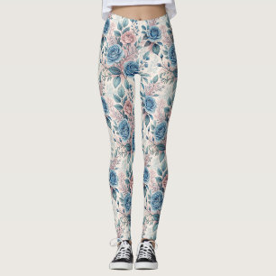 Leggings Motif bleu et rose sur blanc doux