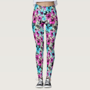 Leggings Motif bleu rose blanc Aquarelle noire