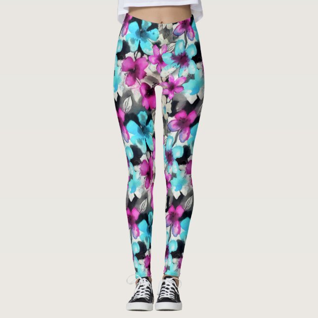 Leggings Motif bleu rose blanc Aquarelle noire (Devant)
