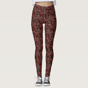 Leggings Motif botanique d'hiver rouge