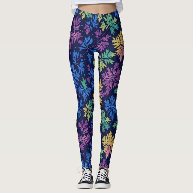 Leggings Motif botanique Feuille coloré noir tendance (Devant)