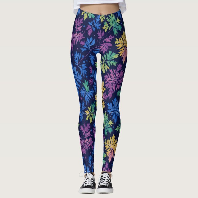 Leggings Motif botanique tendance de feuilles colorées noir (Devant)