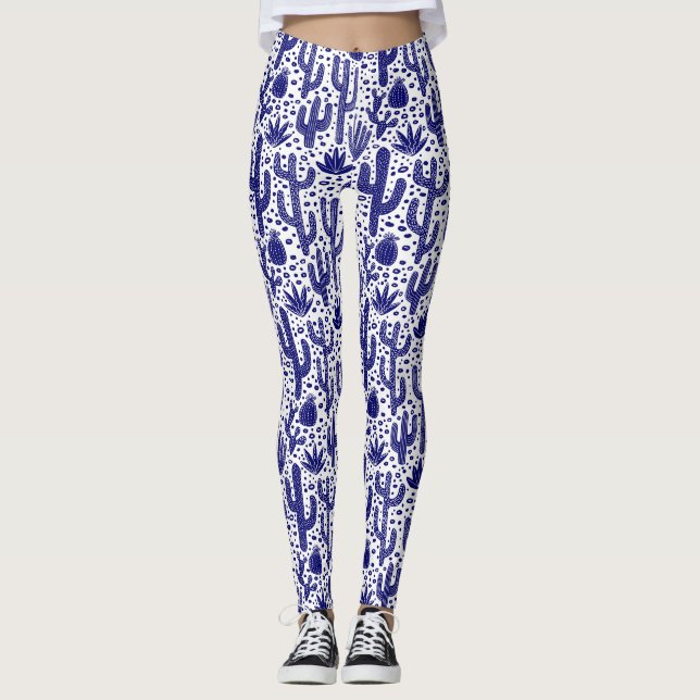 Leggings Motif Cactus - Bleu foncé et Blanc (Devant)
