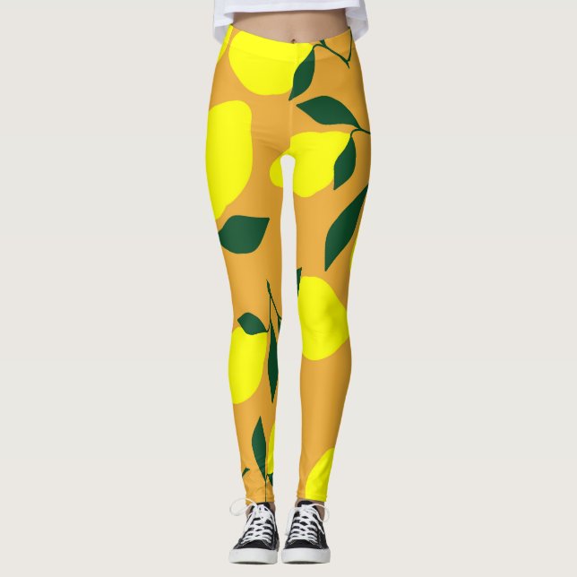 Leggings Motif citron simple, arrière - plan orange. (Devant)
