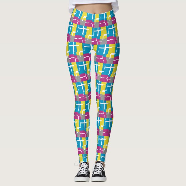 Leggings Motif cool violet bleu jaune gris (Devant)