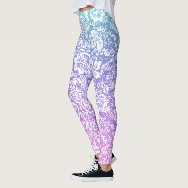 Leggings Motif damassé blanc sur dégradé bleu et violet (Gauche)