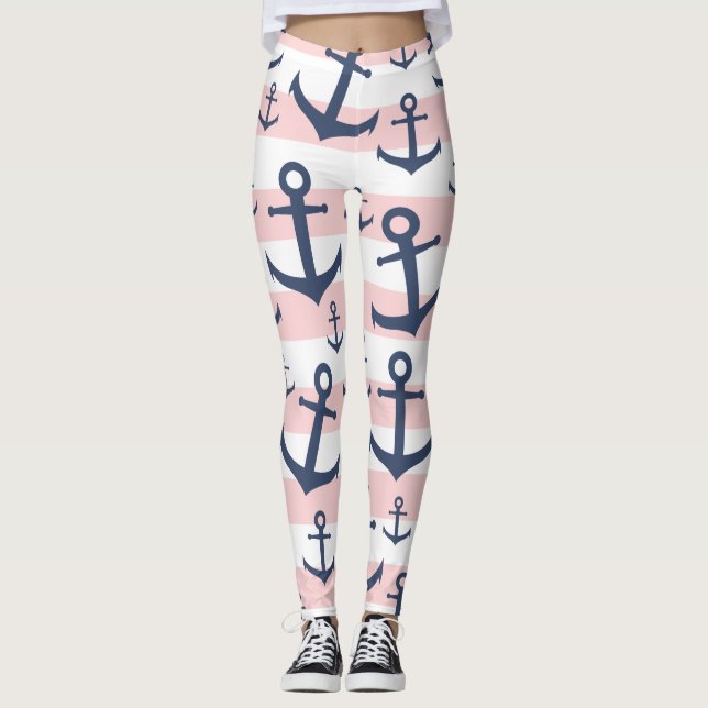 Leggings Motif d'ancrage bleu marine à rayures rose marine (Devant)