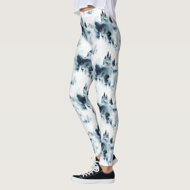 Leggings Motif d'aquarelle de la forêt bleue de minuit (Gauche)