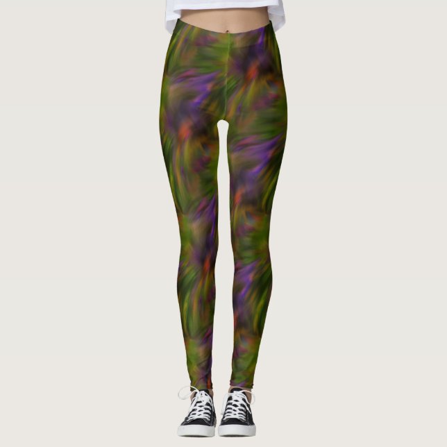 Leggings Motif D'Art Abstrait Vert Et Violet (Devant)