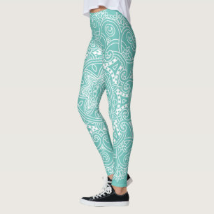 Leggings Motif D'Art Mandala Blanc Sur Bleu Turquoise Vert