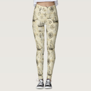 Leggings Motif de carte nautique vintage avec navires et bo