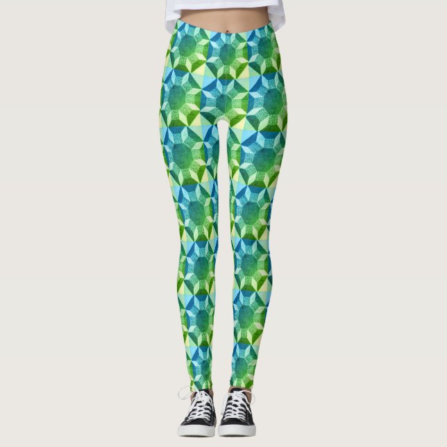 Leggings - Motif de courtepointe en bleu et vert (Devant)