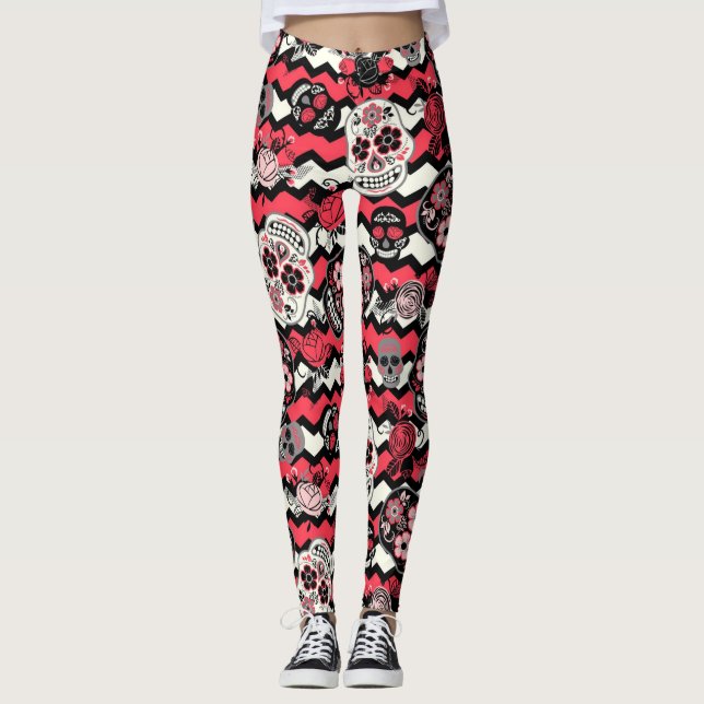 Leggings Motif De Crânes Et De Fleurs De Sucre (Devant)
