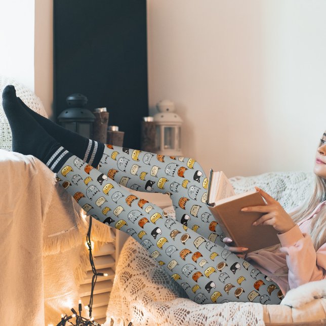 Leggings Motif de Doodle visage de chat (Cat Face Pattern Leggings (choose your own background colour))