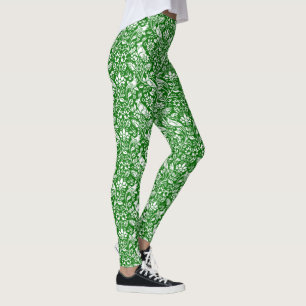 Leggings Motif de faisan et lièvre, vert émeraude et blanc