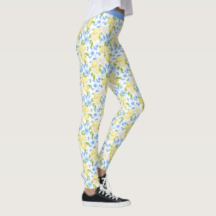 Leggings Motif de feuille florale bleue de fruit de citron 