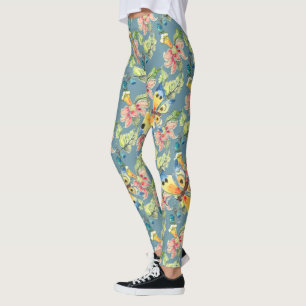 Leggings Motif de fleurs exotiques de papillon bleu tropica