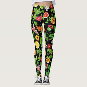 Leggings Motif de fruits et de feuilles sur fond noir