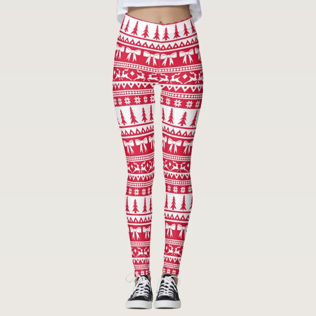 Leggings Motif de Knit moche de Noël en rouge et blanc (Devant)