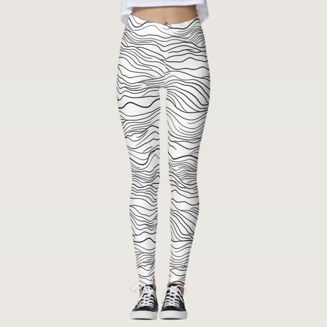 Leggings Motif de ligne ondulée dessiné à la main en noir e (Devant)