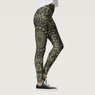 Leggings Motif de mandala kaléidoscope vert et noir