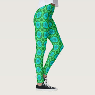 Leggings Motif de marguerite géométrique en Turquoise et Ve